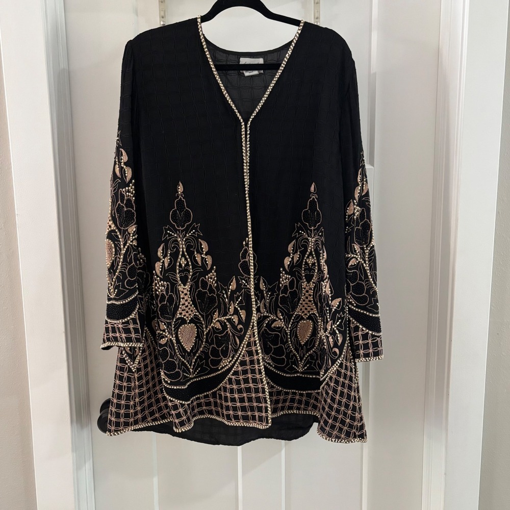 Vintage Judith‎ Ann Beaded Silk Jacket Black Gold Embellished Boho Western Large